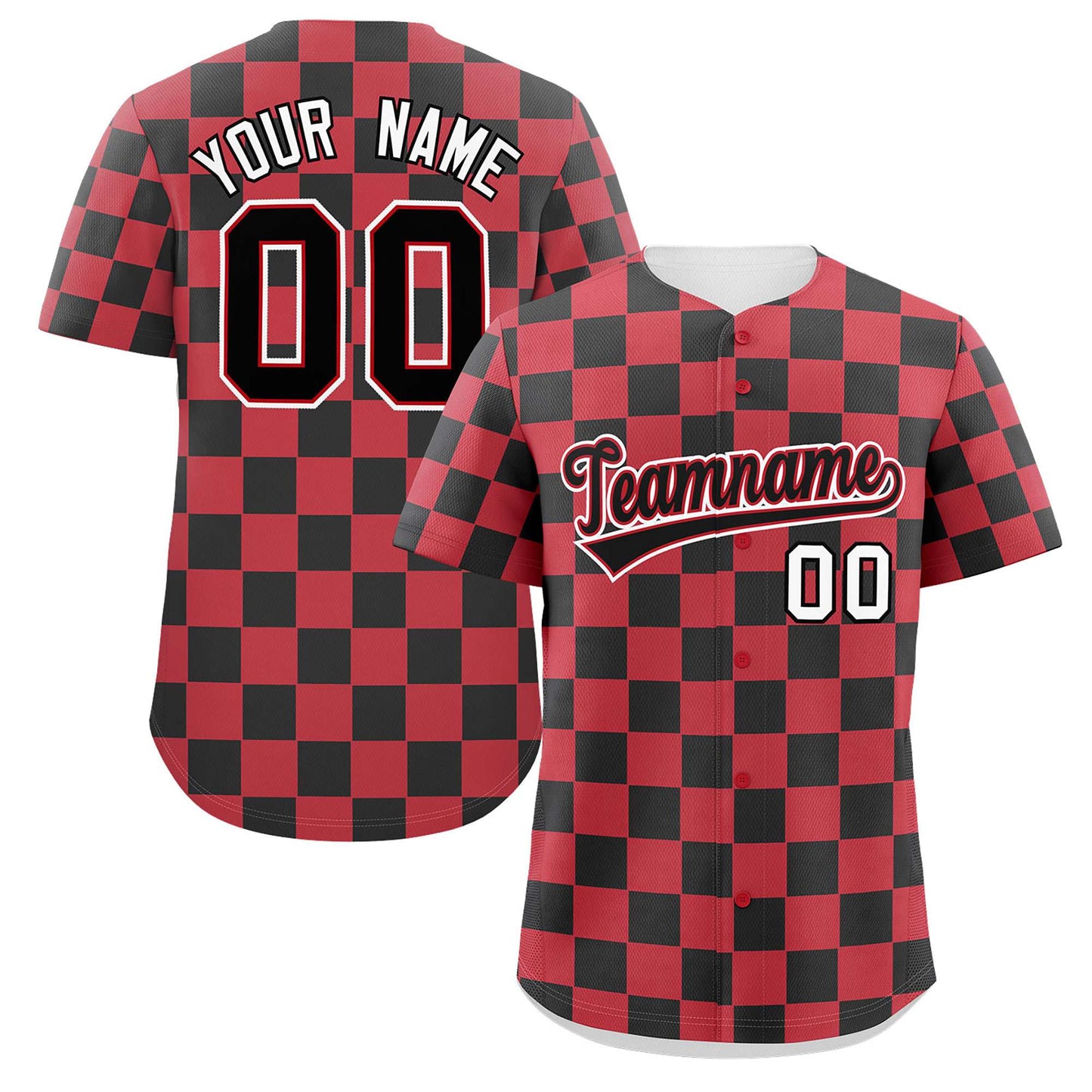 Custom Red Black Square Grid Color Block Design Authentic Baseball Jersey