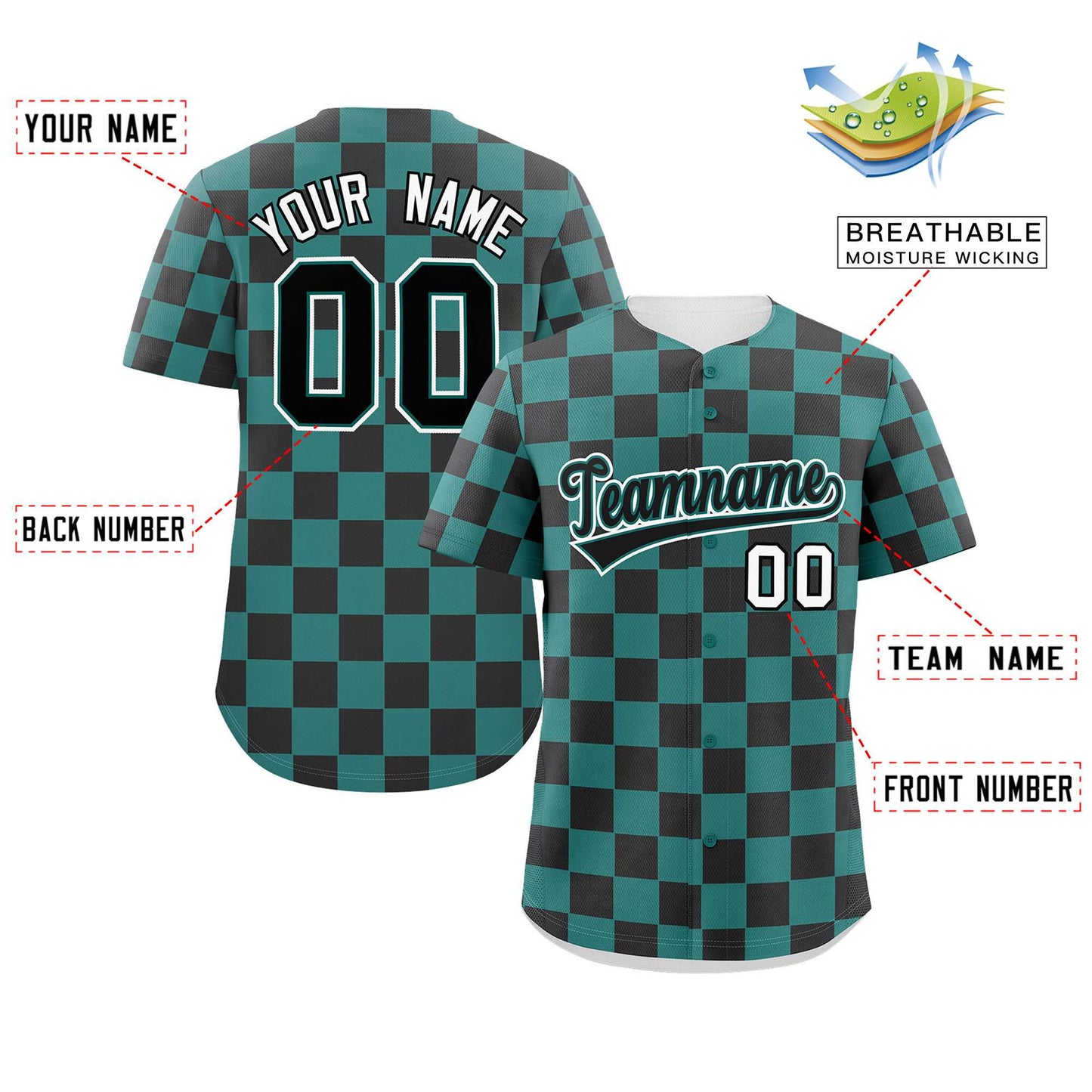 Custom Aqua Black Square Grid Color Block Design Authentic Baseball Jersey