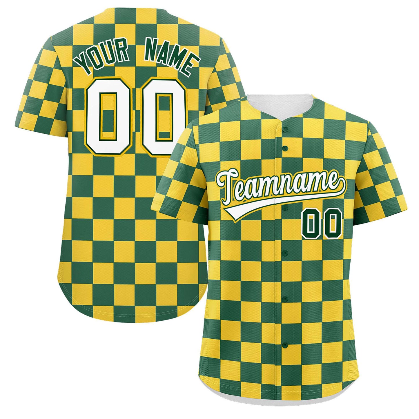 Custom Green Gold Square Grid Color Block Design Authentic Baseball Jersey