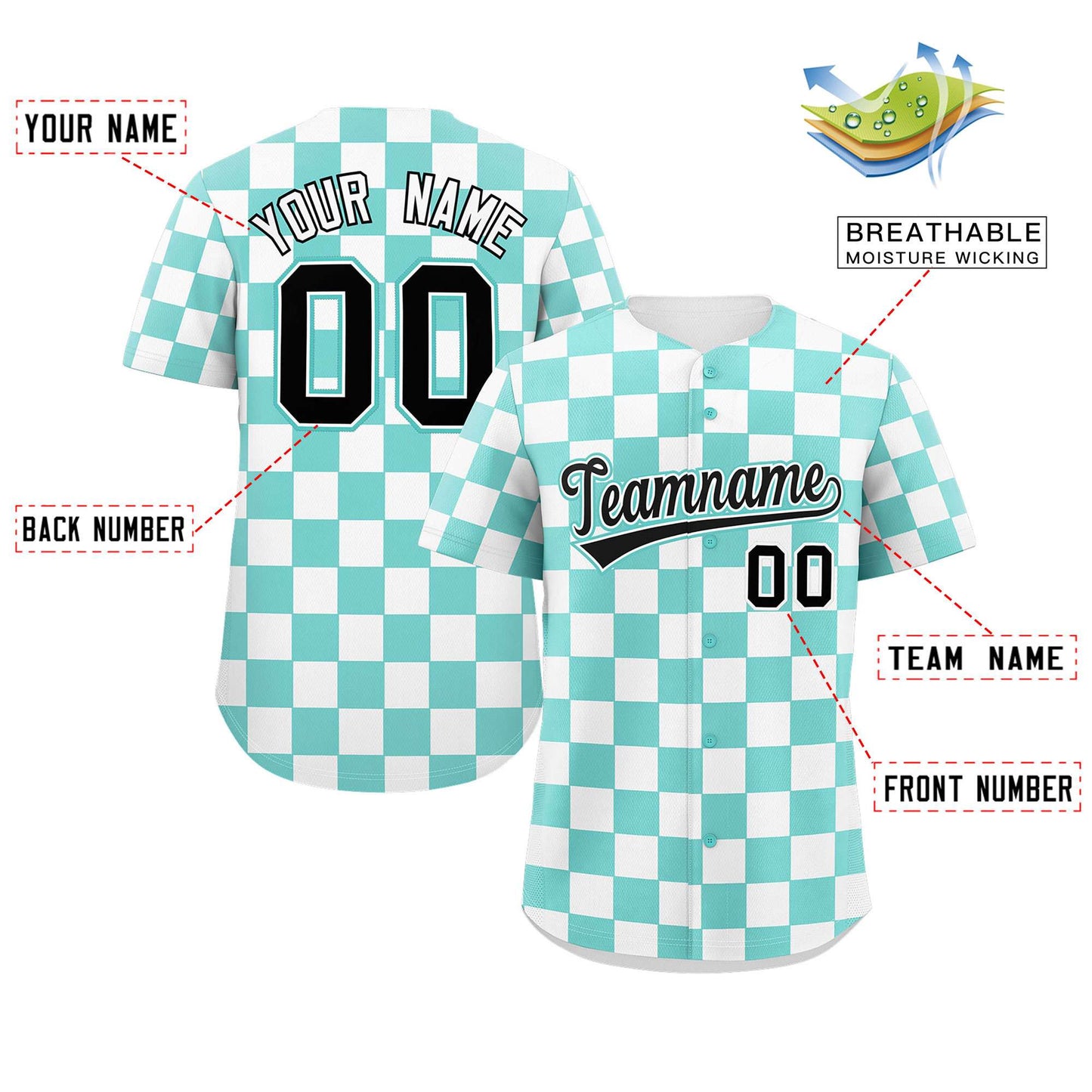 Custom Aqua White Square Grid Color Block Design Authentic Baseball Jersey