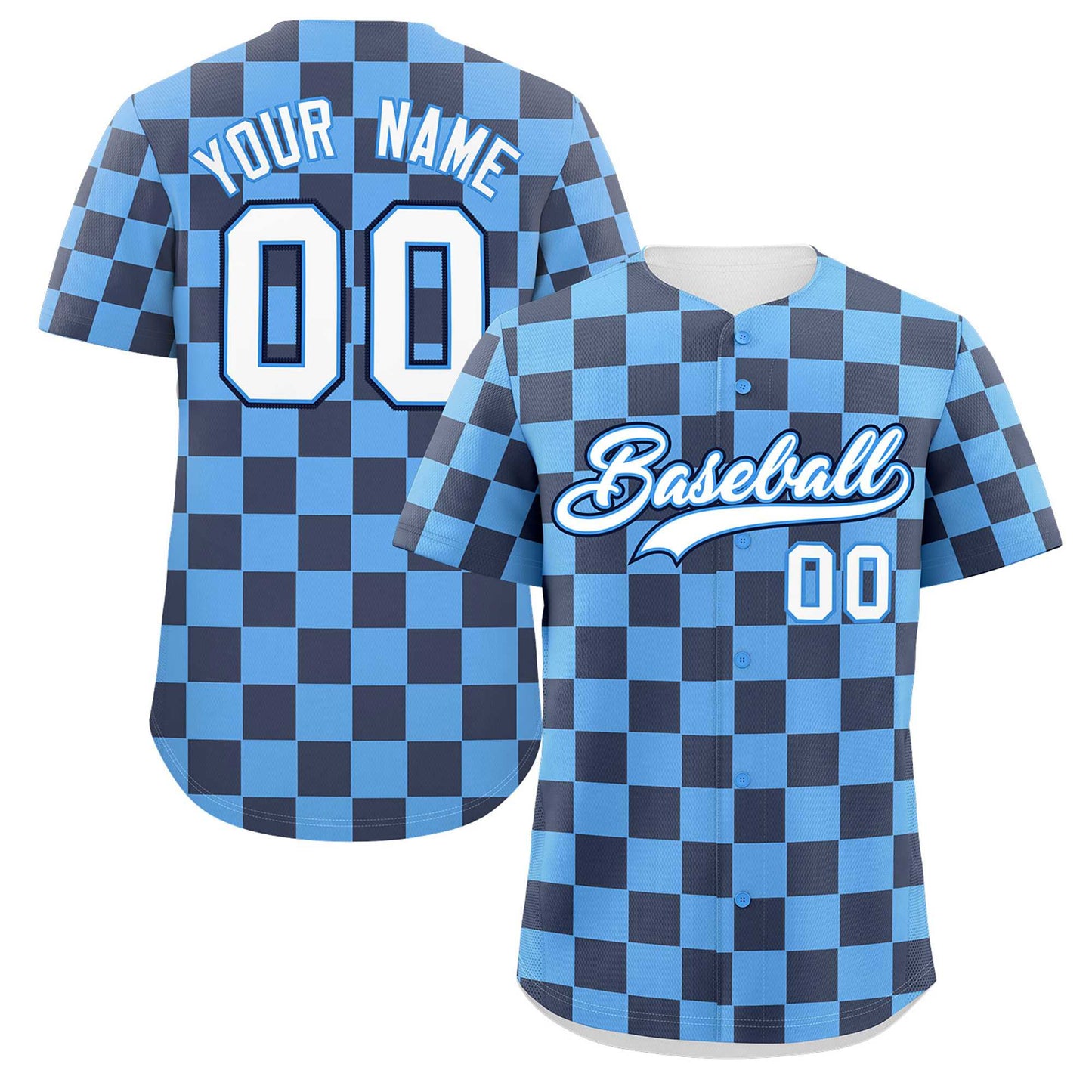 Custom Powder Blue Navy Square Grid Color Block Design Authentic Baseball Jersey