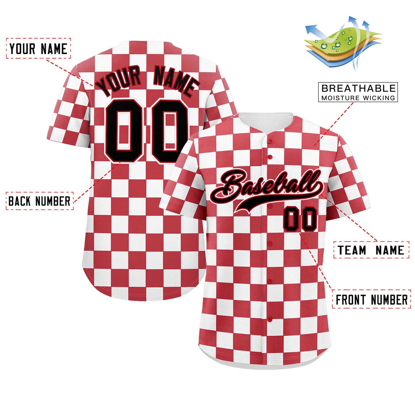 Custom Red White Square Grid Color Block Design Authentic Baseball Jersey