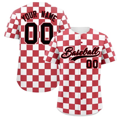 Custom Red White Square Grid Color Block Design Authentic Baseball Jersey