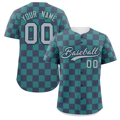 Custom Navy Aqua Square Grid Color Block Design Authentic Baseball Jersey