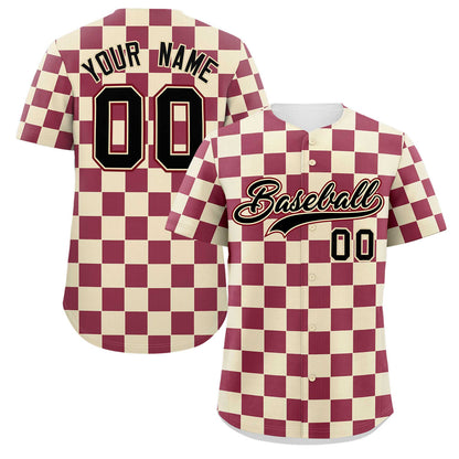 Custom Khaki Crimson Square Grid Color Block Design Authentic Baseball Jersey