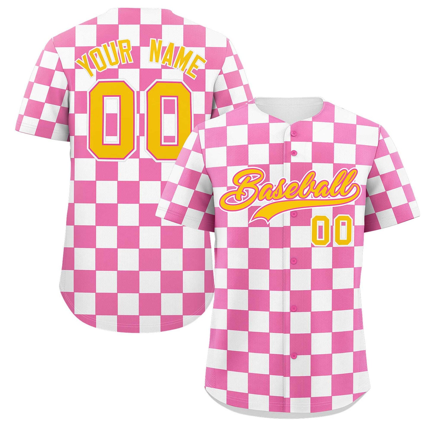 Custom Pink White Square Grid Color Block Design Authentic Baseball Jersey