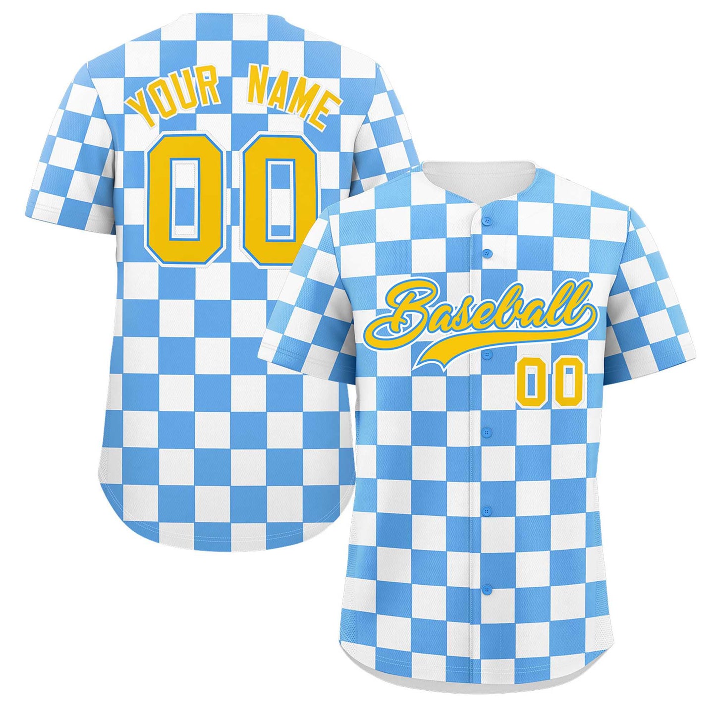 Custom Powder Blue White Square Grid Color Block Design Authentic Baseball Jersey