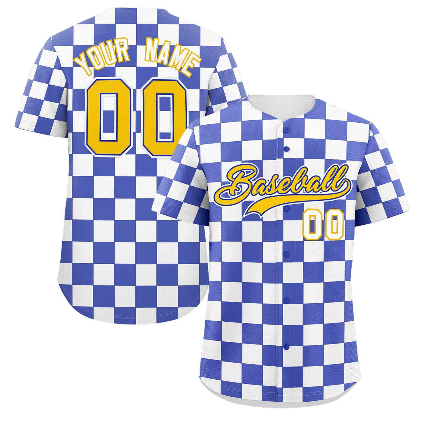 Custom Royal White Square Grid Color Block Design Authentic Baseball Jersey