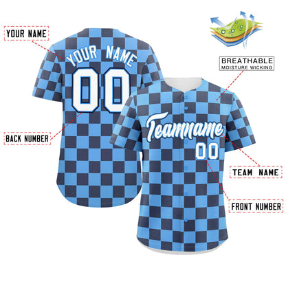 Custom Powder Blue Navy Square Grid Color Block Design Authentic Baseball Jersey