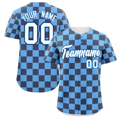 Custom Powder Blue Navy Square Grid Color Block Design Authentic Baseball Jersey