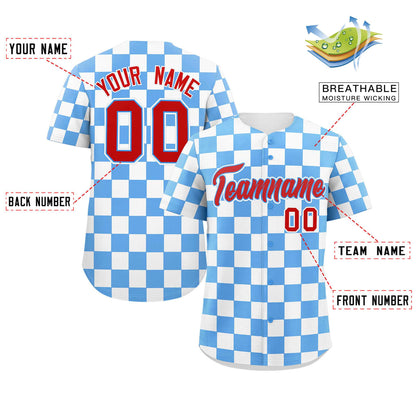 Custom Powder Blue White Square Grid Color Block Design Authentic Baseball Jersey