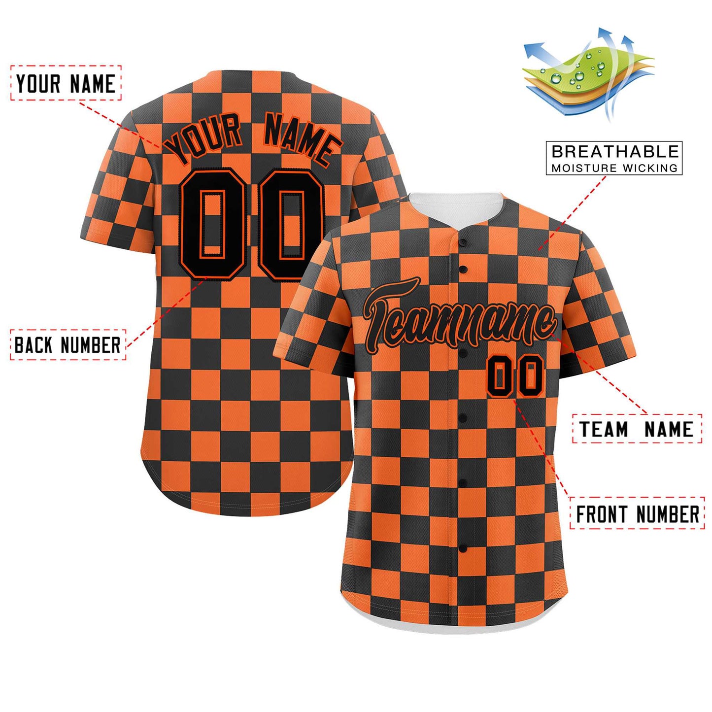 Custom Black Orange Square Grid Color Block Design Authentic Baseball Jersey