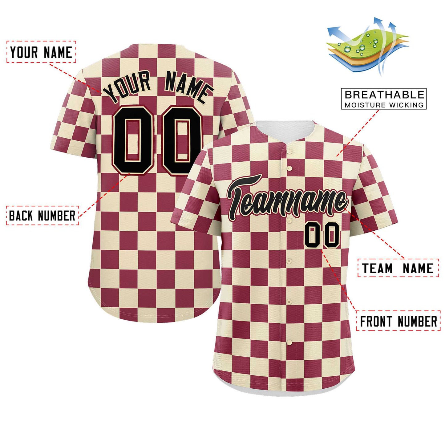 Custom Khaki Crimson Square Grid Color Block Design Authentic Baseball Jersey