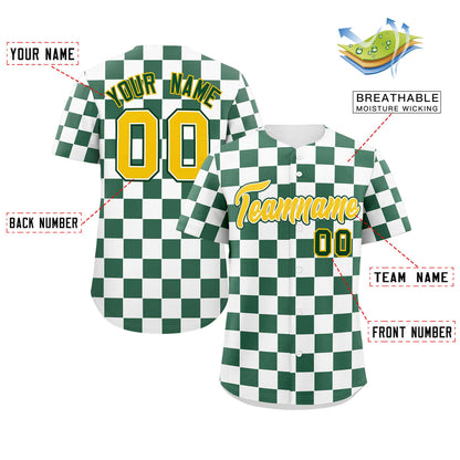 Custom White Green Square Grid Color Block Design Authentic Baseball Jersey