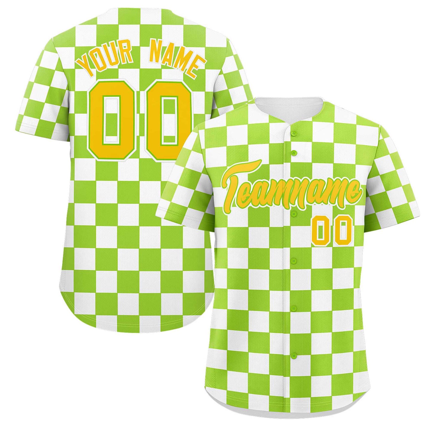 Custom Neon Green White Square Grid Color Block Design Authentic Baseball Jersey