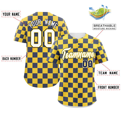 Custom Gold Navy Square Grid Color Block Design Authentic Baseball Jersey