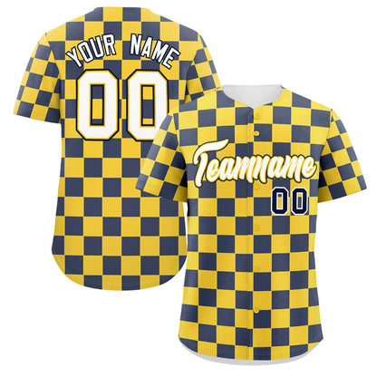 Custom Gold Navy Square Grid Color Block Design Authentic Baseball Jersey