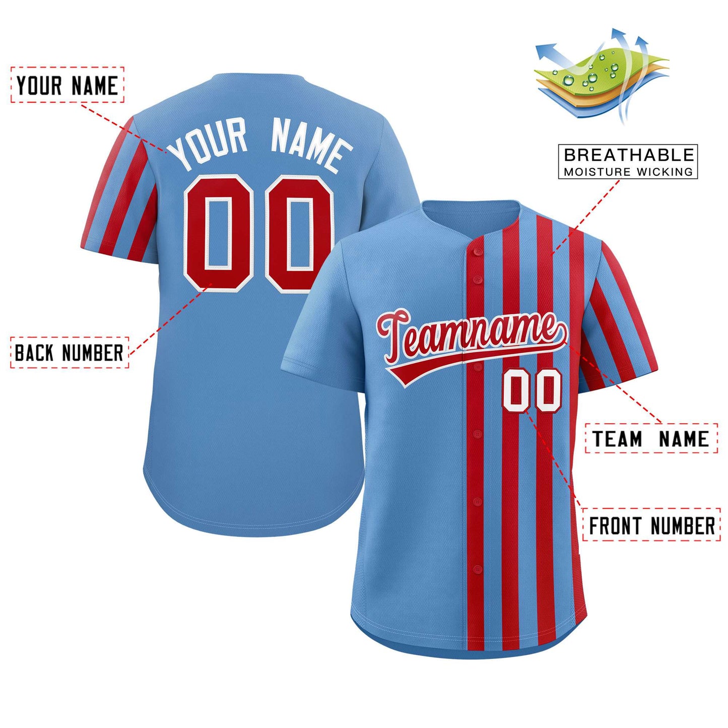 Custom Lt Blue Red Thick Stripe Fashion Design Authentic Baseball Jersey