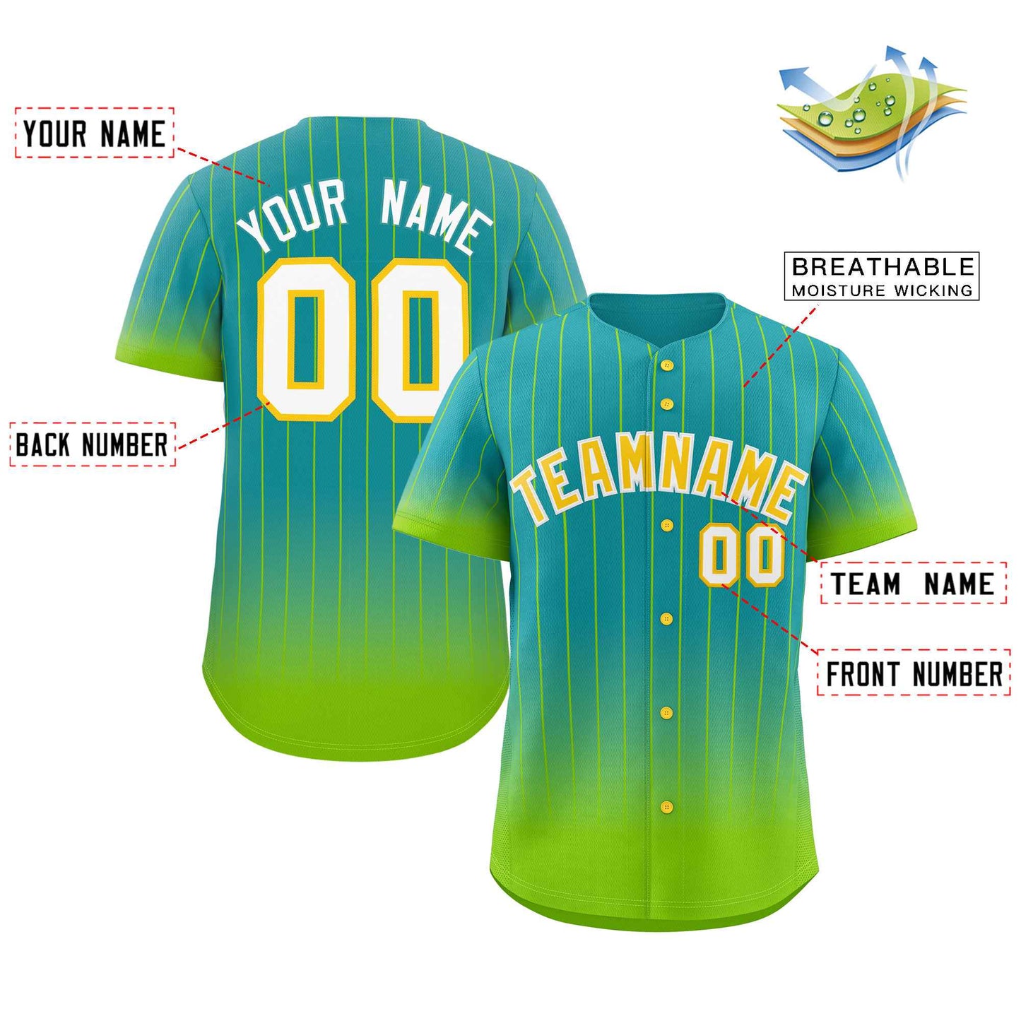 Custom Aqua Neon Green-Gold Gradient Stripe Fashion Authentic Baseball Jersey