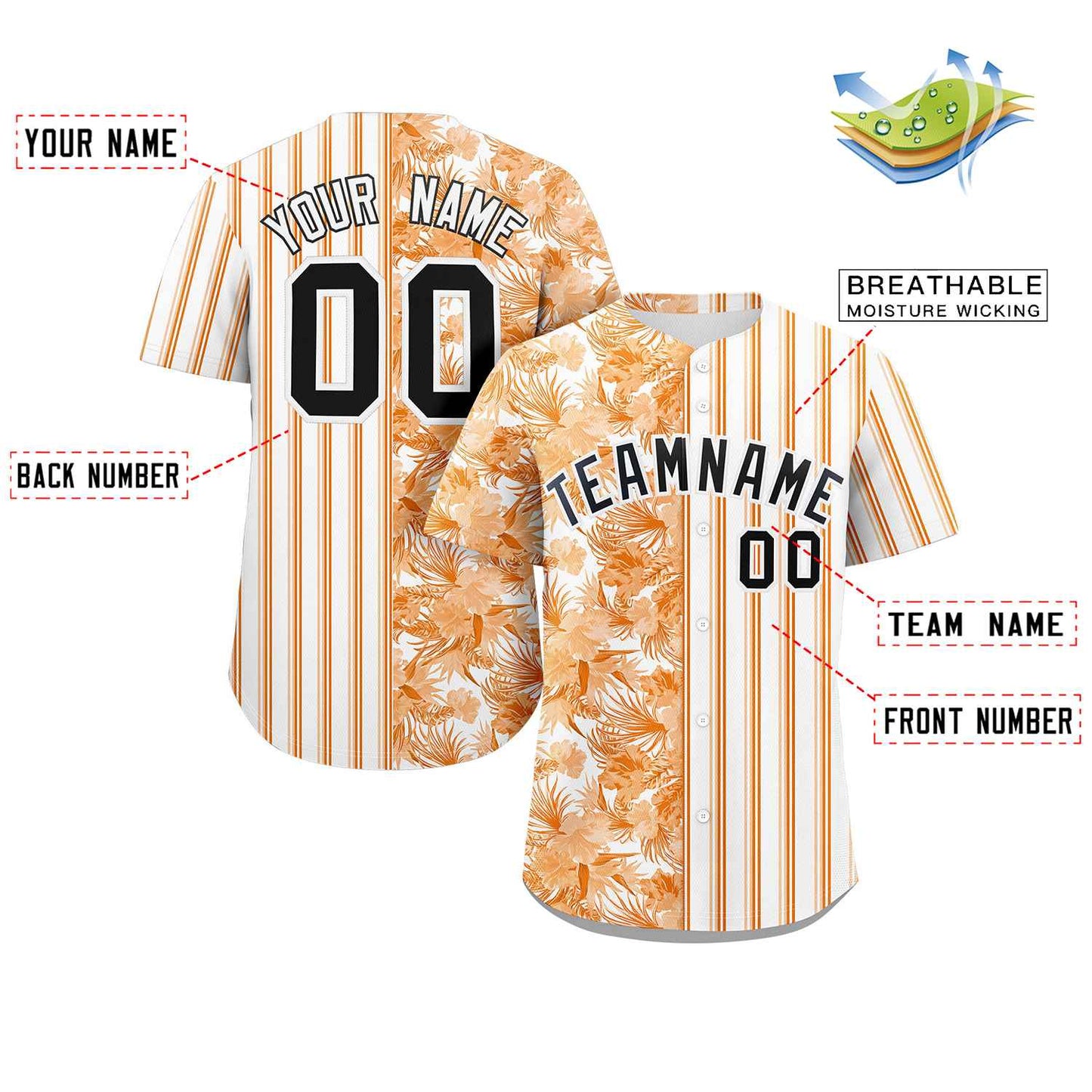 Custom Orange White-Black Hawaii Tropical Flower Stripe Fashion Baseball Jersey