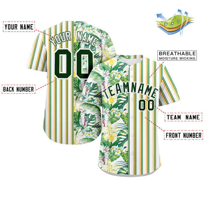 Custom White Green Hawaii Tropical Flower Stripe Fashion Baseball Jersey