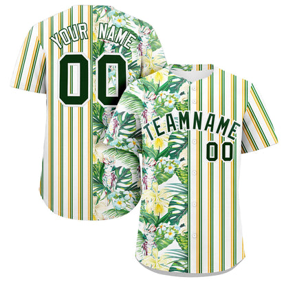 Custom White Green Hawaii Tropical Flower Stripe Fashion Baseball Jersey