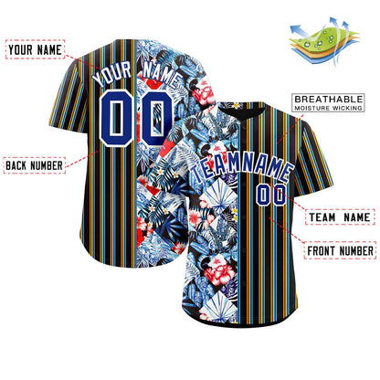 Custom Black Royal Hawaii Tropical Flower Stripe Fashion Baseball Jersey