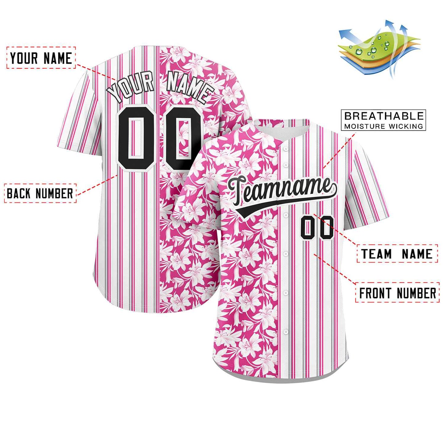 Custom White Pink Hawaii Tropical Flower Stripe Fashion Baseball Jersey