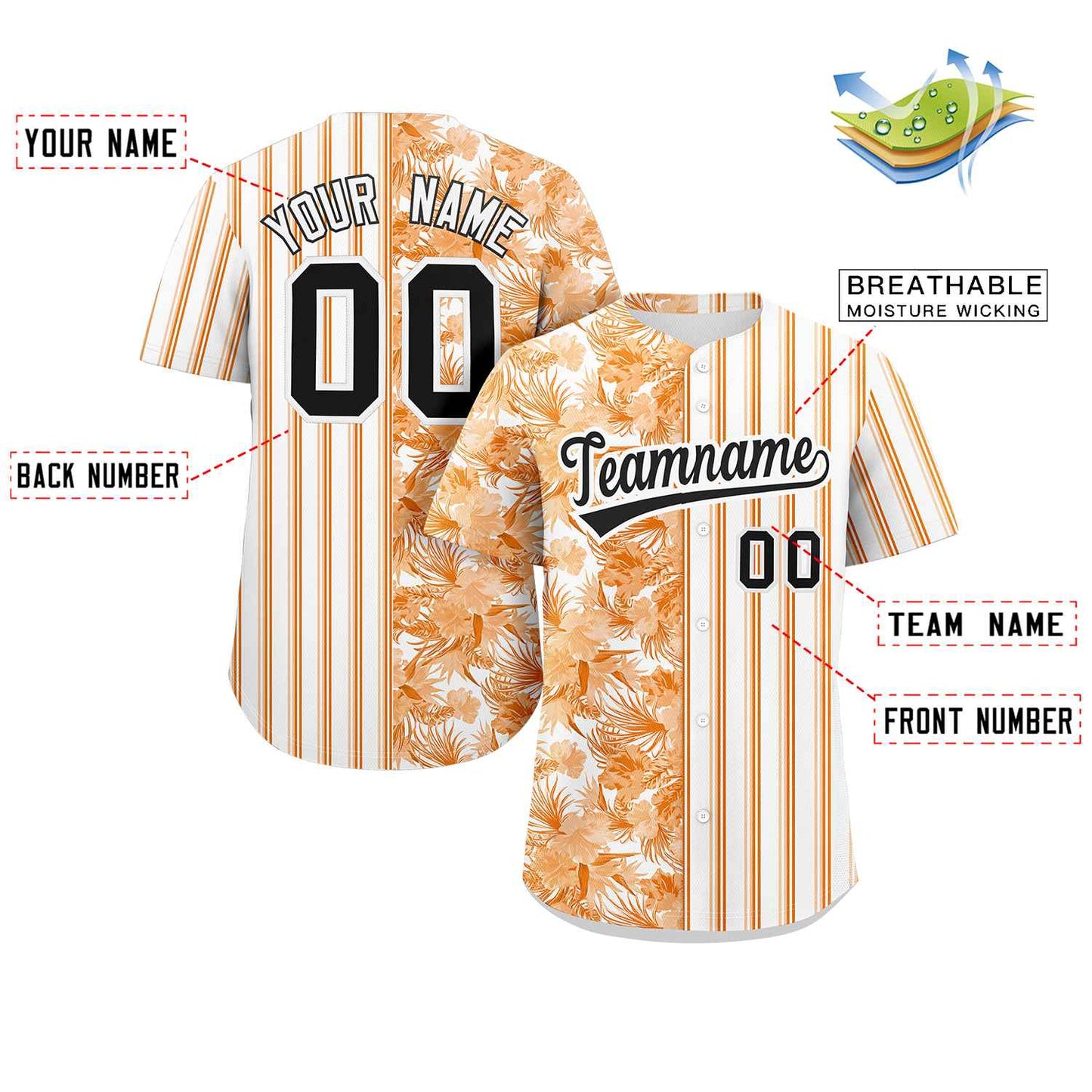 Custom Orange White-Black Hawaii Tropical Flower Stripe Fashion Baseball Jersey