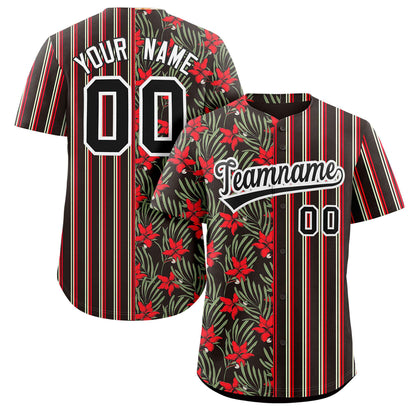 Custom Black Red Hawaii Tropical Flower Stripe Fashion Baseball Jersey