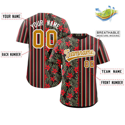 Custom Black Red-Old Gold Hawaii Tropical Flower Stripe Fashion Baseball Jersey