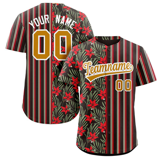 Custom Black Red-Old Gold Hawaii Tropical Flower Stripe Fashion Baseball Jersey