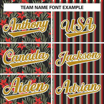 Custom Black Red-Old Gold Hawaii Tropical Flower Stripe Fashion Baseball Jersey