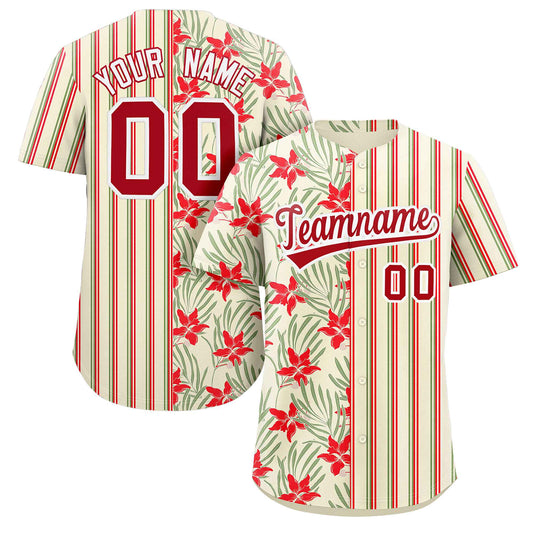 Custom Khaki Red-Green Hawaii Tropical Flower Stripe Fashion Baseball Jersey