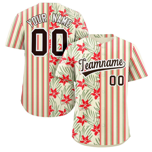 Custom Khaki Red-Green Hawaii Tropical Flower Stripe Fashion Baseball Jersey