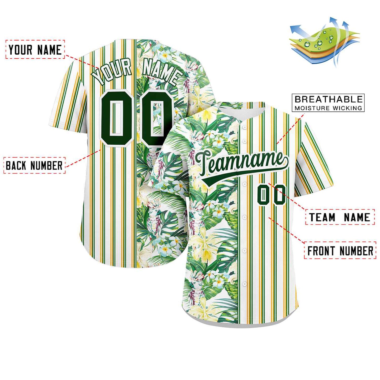 Custom White Green Hawaii Tropical Flower Stripe Fashion Baseball Jersey