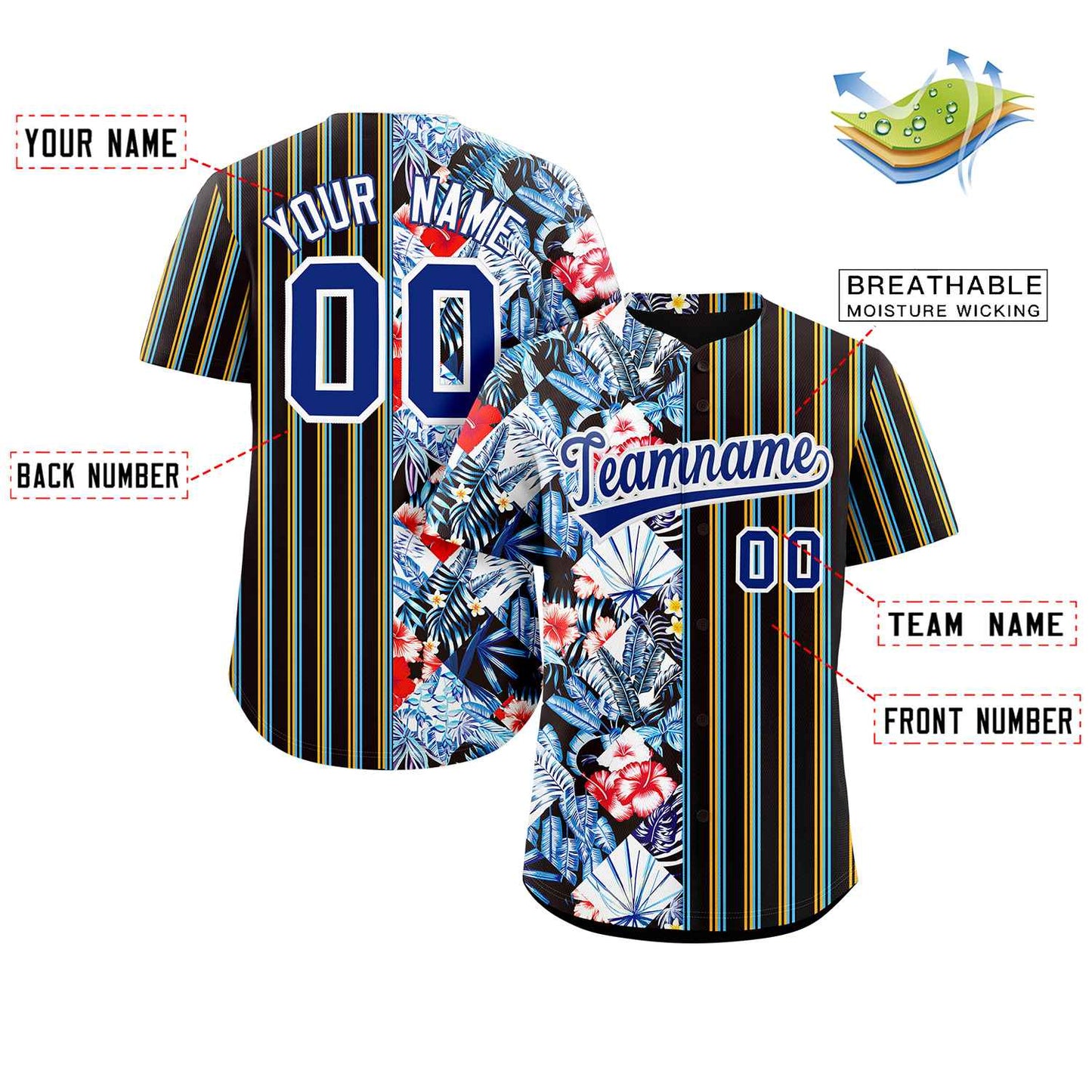 Custom Black Royal Hawaii Tropical Flower Stripe Fashion Baseball Jersey