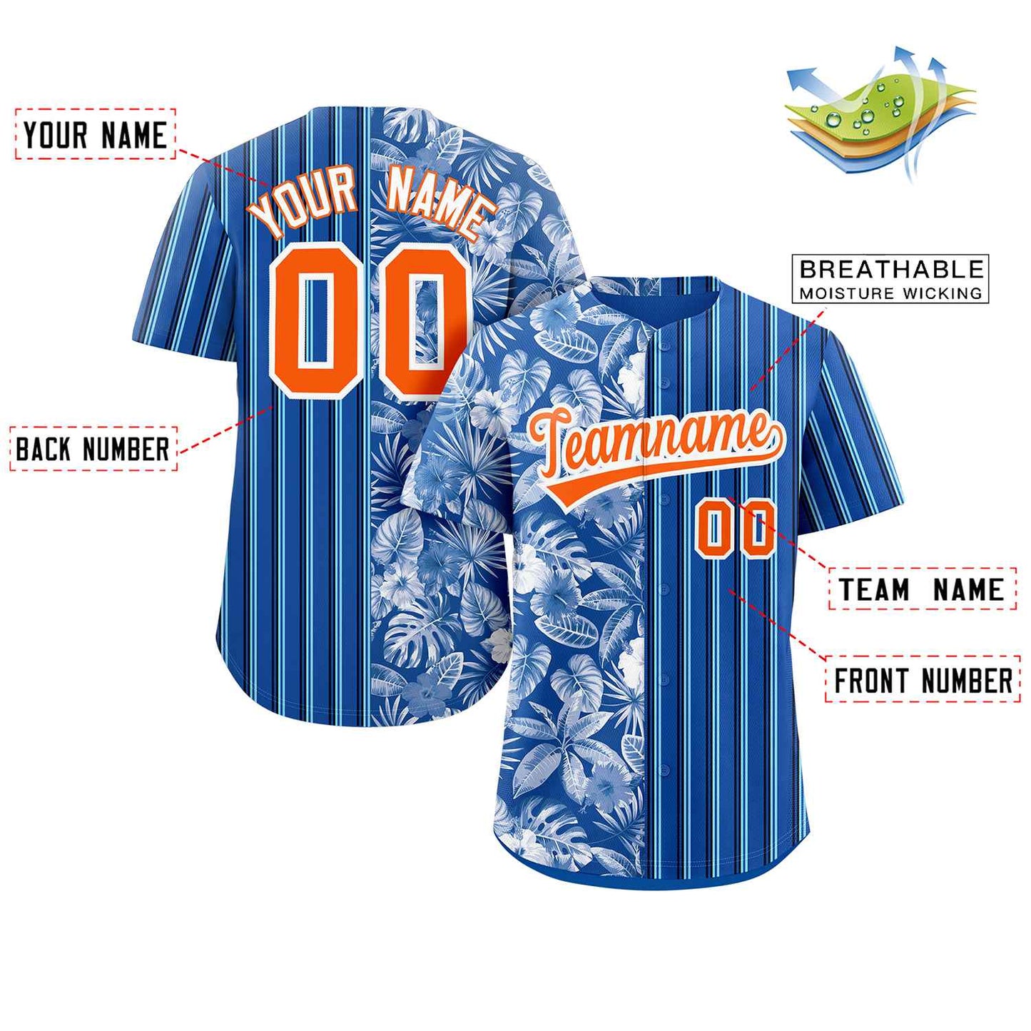 Custom Royal Orange Hawaii Tropical Flower Stripe Fashion Baseball Jersey