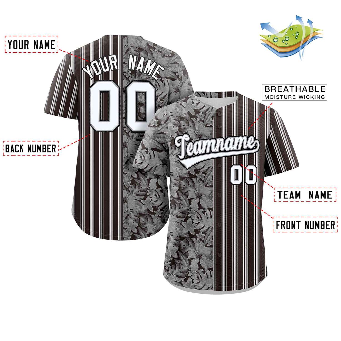 Custom Black White Gray Hawaii Tropical Flower Stripe Fashion Baseball Jersey