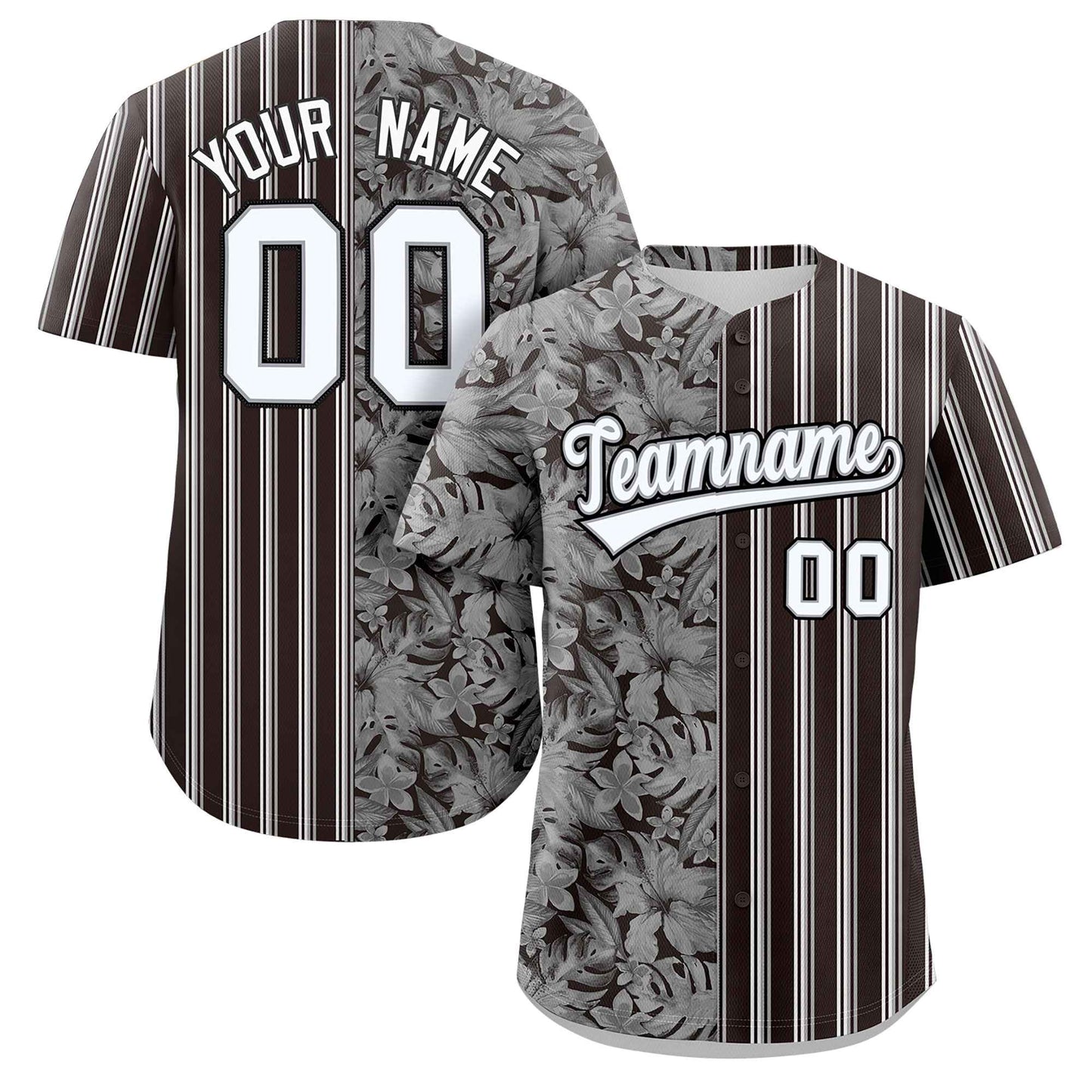 Custom Black White Gray Hawaii Tropical Flower Stripe Fashion Baseball Jersey