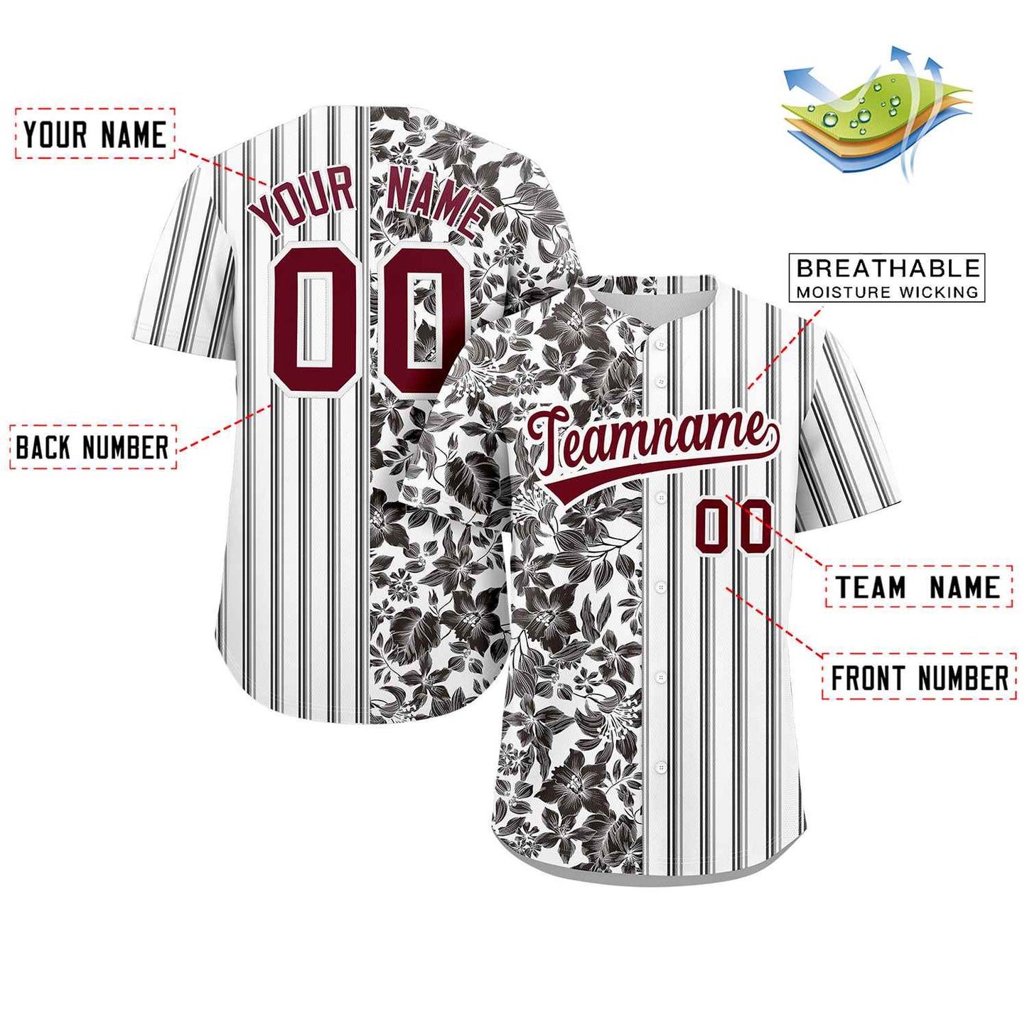 Custom White Black-Gray Hawaii Tropical Flower Stripe Fashion Baseball Jersey