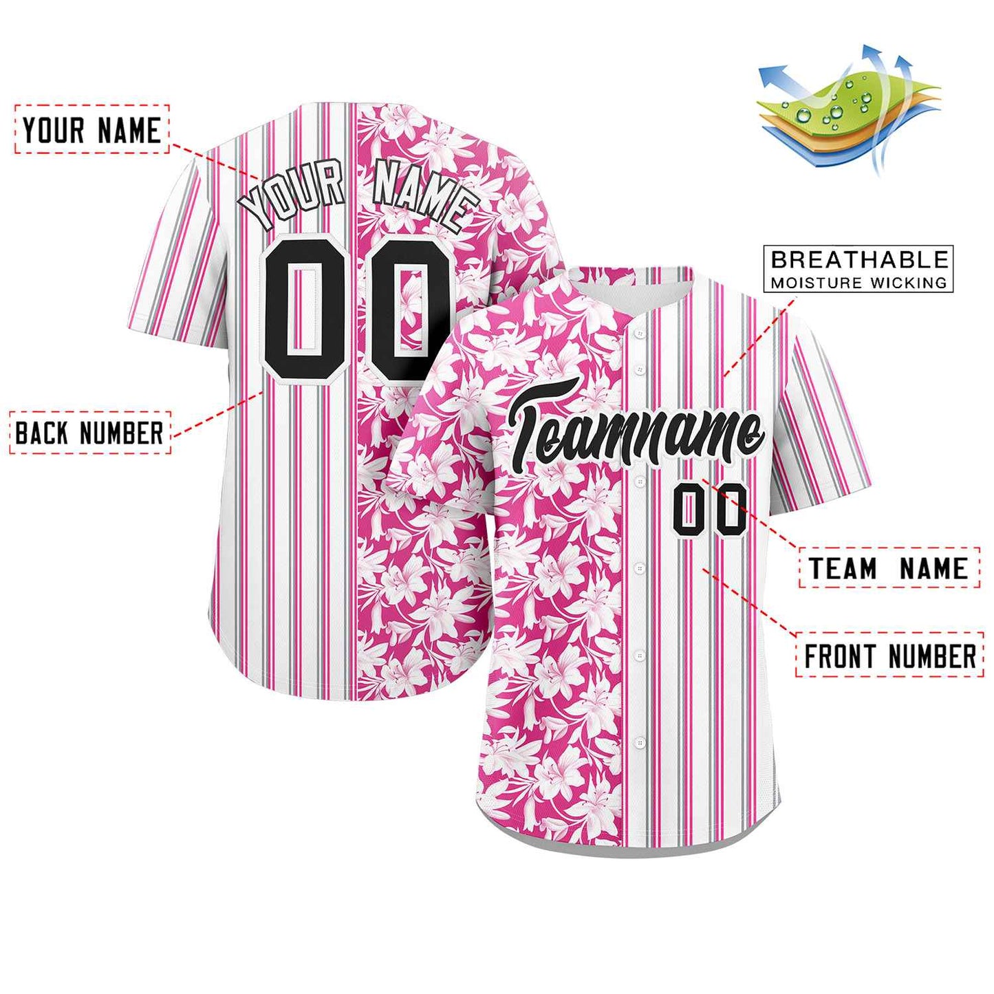 Custom White Pink Hawaii Tropical Flower Stripe Fashion Baseball Jersey