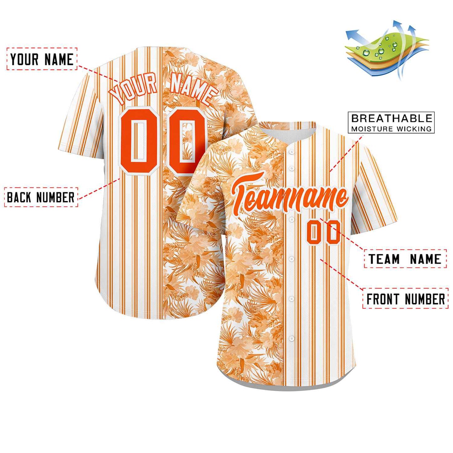 Custom White Orange Hawaii Tropical Flower Stripe Fashion Baseball Jersey