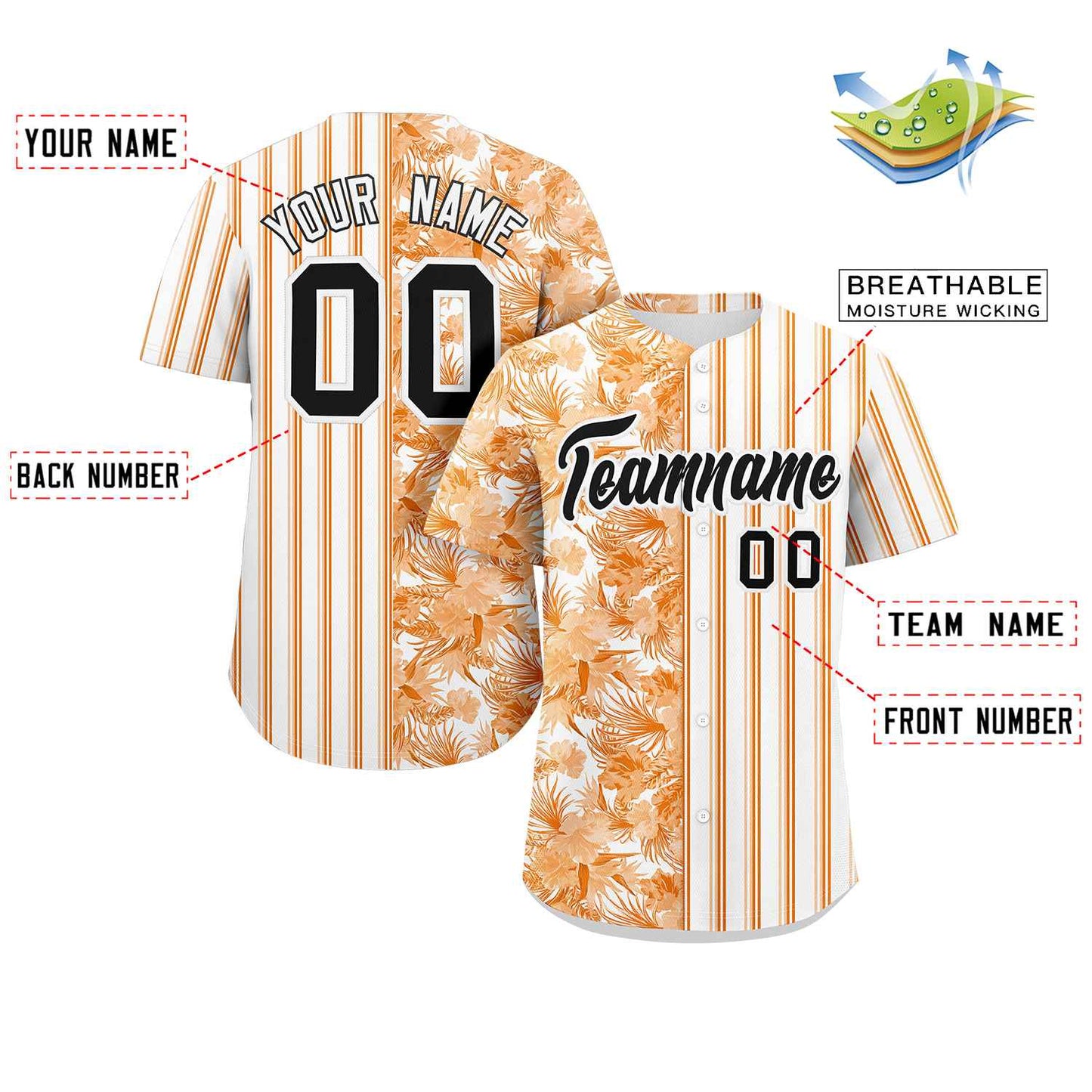 Custom Orange White-Black Hawaii Tropical Flower Stripe Fashion Baseball Jersey