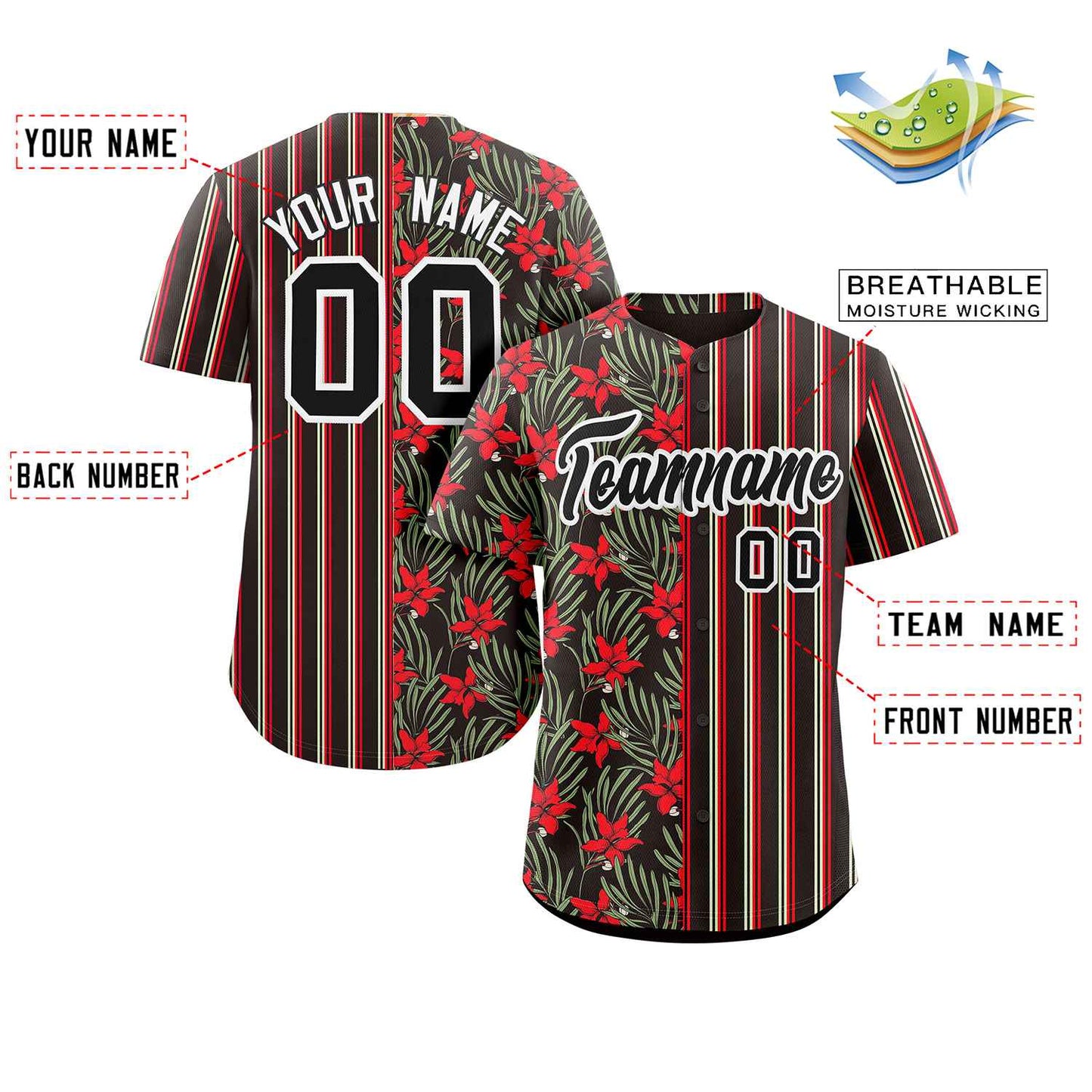 Custom Black Red Hawaii Tropical Flower Stripe Fashion Baseball Jersey