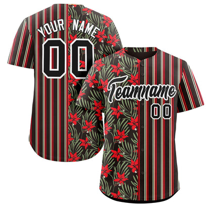 Custom Black Red Hawaii Tropical Flower Stripe Fashion Baseball Jersey