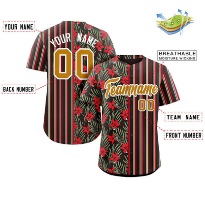 Custom Black Red-Old Gold Hawaii Tropical Flower Stripe Fashion Baseball Jersey