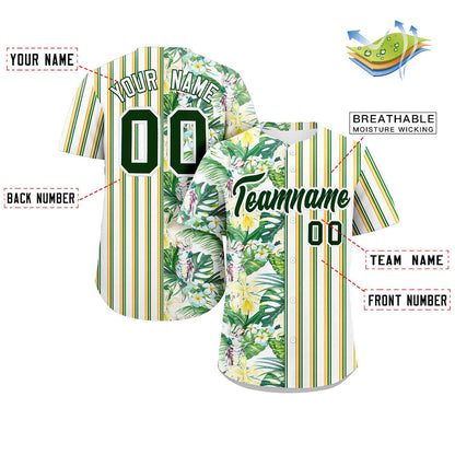 Custom White Green Hawaii Tropical Flower Stripe Fashion Baseball Jersey