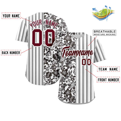 Custom White Black-Gray Hawaii Tropical Flower Stripe Fashion Baseball Jersey