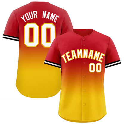 Custom Red Gold Full Button Design Gradient Fashion Authentic Baseball Jersey